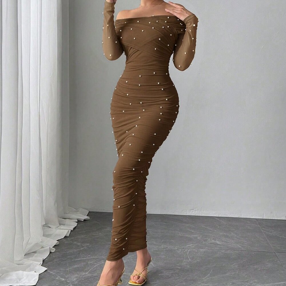 Coffee Brown Elegant Women's Off-Shoulder Pearl Decor Ruffle Maxi Dress - Picture 6 of 10